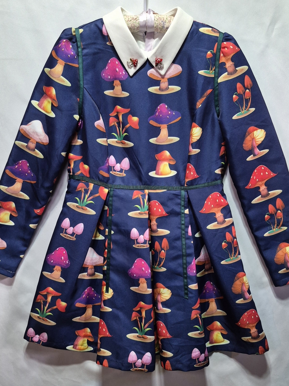Elf Sack Navy Mushroom Print Long-Sleeve Dress